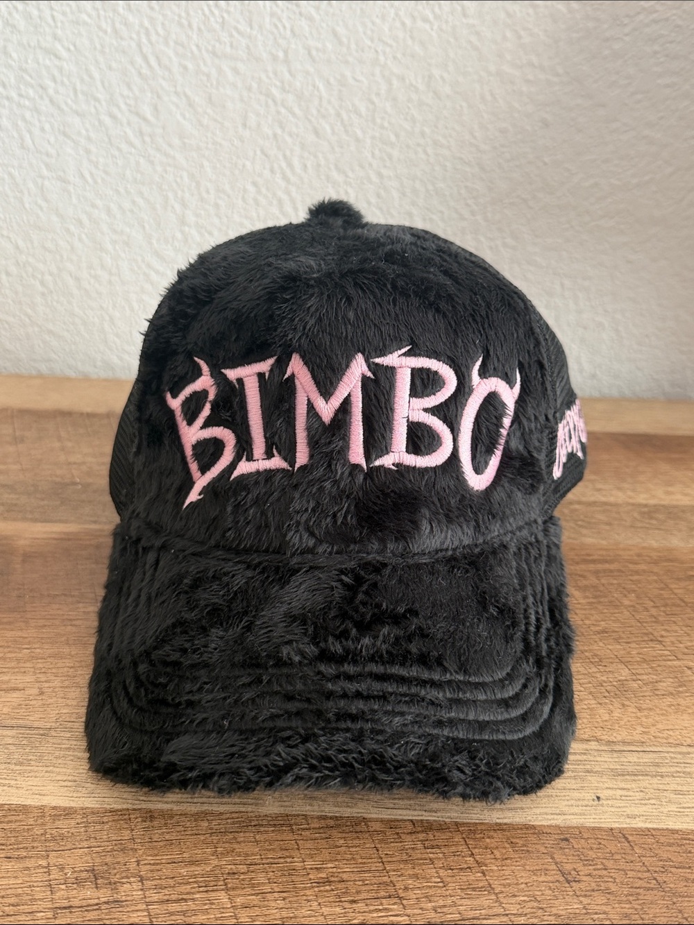 Creepy Gals BIMBO Black Faux Fur Trucker Cap TRUCKER HAT Pink 'BIMBO' Embroidery